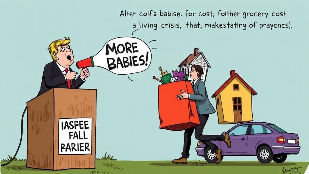 A satirical image showing a politician on a soapbox shouting through a megaphone about 'More Babies!' towards a young couple. The couple is struggling to hold onto oversized grocery bags, a house, and a car that are all precariously balanced, symbolizing the immense financial pressure and cost of living crisis that makes starting a family difficult.