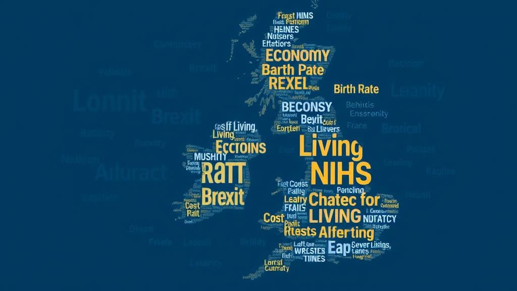 A word cloud in the shape of the United Kingdom. The largest and most prominent words are 'Cost of Living', 'NHS', and 'Economy'. Smaller, faded words in the background could include 'Brexit', 'Lockdown Debates', and 'Birth Rate', visually representing the public's primary concerns versus the political discourse.
