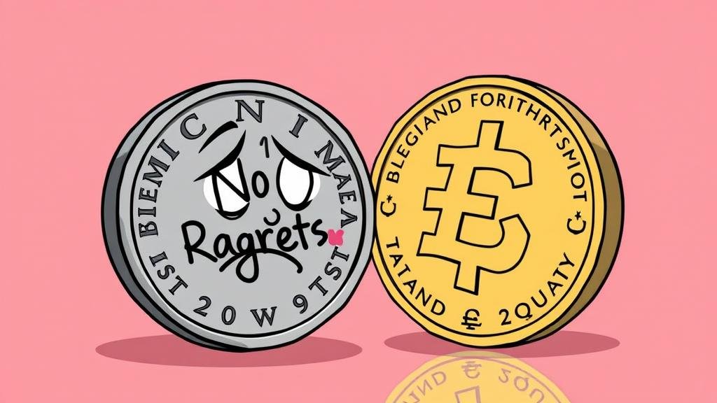 A cartoon-style image of a sad-looking British pound coin with a 'No Ragrets' tattoo, looking at its reflection which shows a stronger, happier coin. This represents the economic regret and negative financial impact of Brexit mentioned in the article.