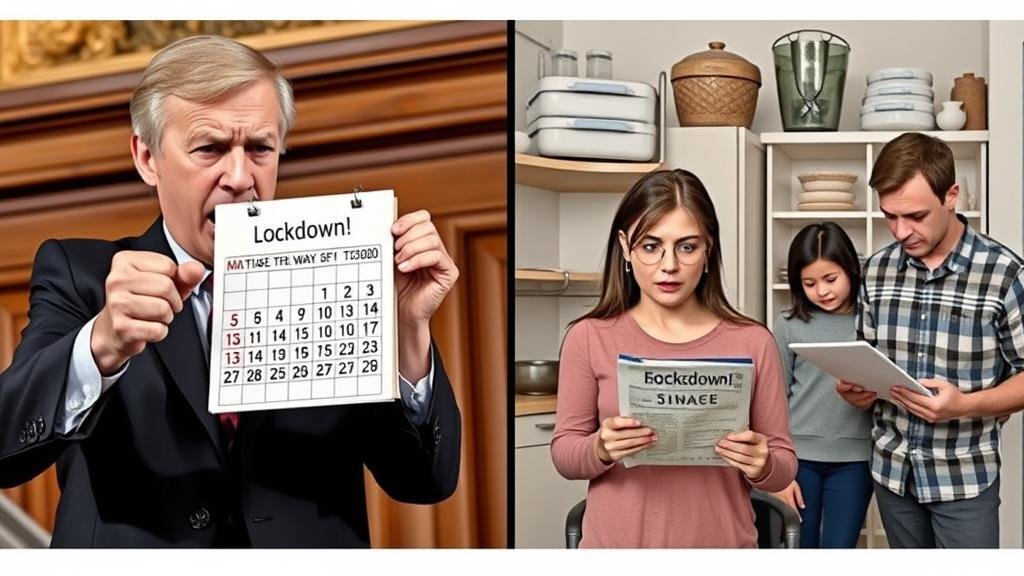 A split-panel image. On one side, a politician is angrily pointing at a calendar from 2020 with 'Lockdown!' written on it. On the other side, a family is looking worriedly at their current energy bills and empty kitchen cupboards, showing the public's focus on present economic struggles over past political debates.