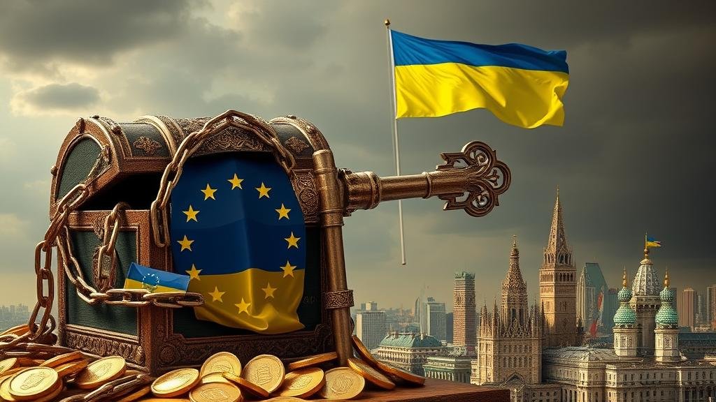 A metaphorical image of a large, ornate key with the EU flag on it, unlocking a treasure chest wrapped in chains with the Russian flag. Gold coins from the chest are being funneled to rebuild a damaged city skyline that has the Ukrainian flag flying over it.