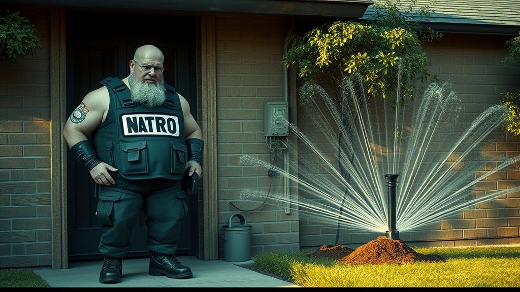 A cinematic, metaphorical image of a large, formidable bouncer labeled 'NATO' who has been passively guarding a door, now stepping forward assertively to install a high-tech, proactive sprinkler system aimed at a neighboring yard where holes are being dug, representing a shift from a defensive to a proactive stance.