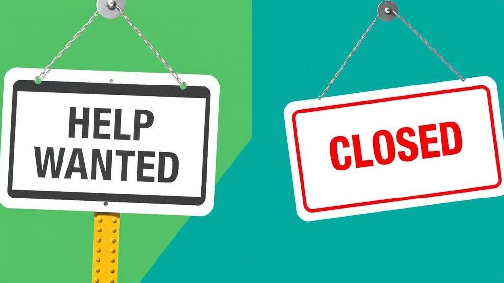 A split image showing a 'Help Wanted' sign on one side and a 'Closed' sign on the other, representing the shift from a hiring spree to a hiring freeze.