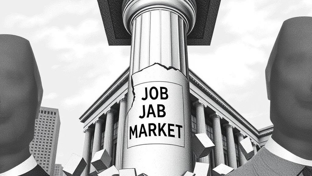 A pillar labeled 'Job Market' beginning to crumble under the weight of a building representing the economy, symbolizing the recent downturn in private-sector jobs.