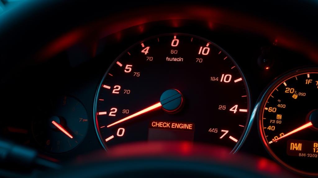 A car's dashboard with the 'check engine' light ominously glowing, symbolizing the American economy's sputtering small business sector.