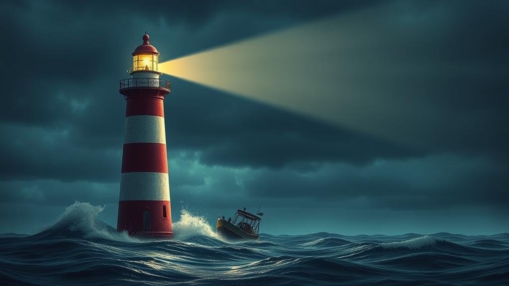 A lighthouse shining a powerful beam of light to guide a small boat through a dark and stormy sea, symbolizing advice and hope for small business owners and job seekers navigating the uncertain economic climate.