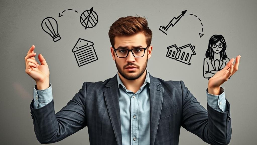 A small business owner looking stressed while juggling various economic challenges, represented by symbols of inflation, rising interest rates, and cautious consumers.