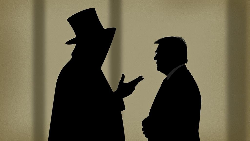 A shadowy figure, representing an unofficial envoy, engaged in a secret conversation with a world leader, illustrating the concept of back-channel diplomacy outside of official government roles.