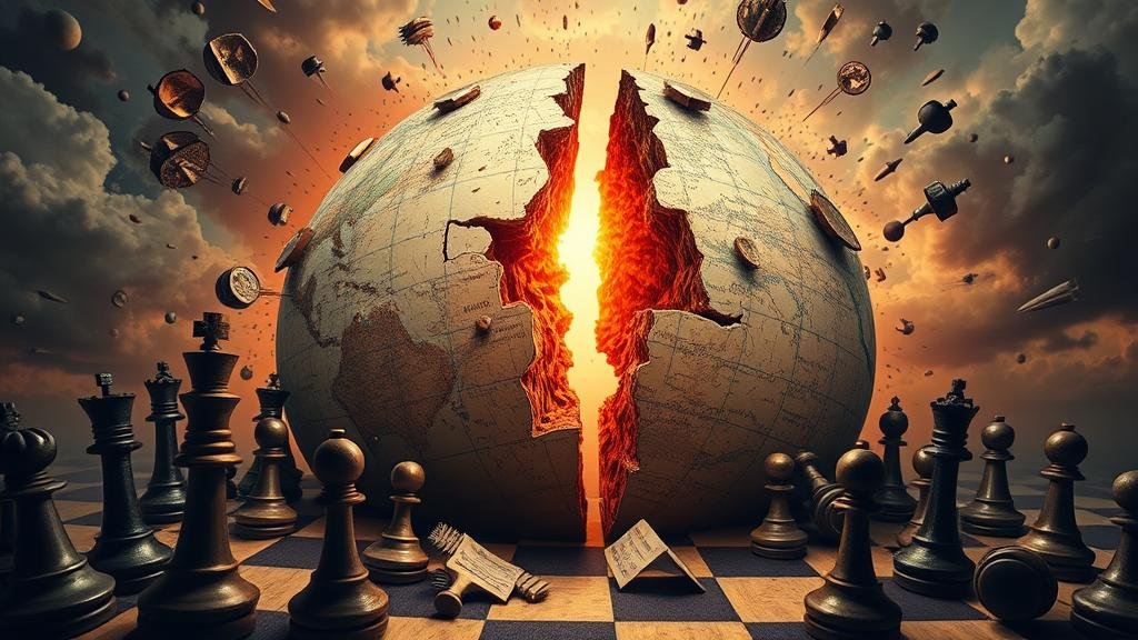 A fractured globe or a chaotic chessboard, symbolizing the geopolitical drama and the division sown between Western allies as a result of the unofficial diplomatic talks.