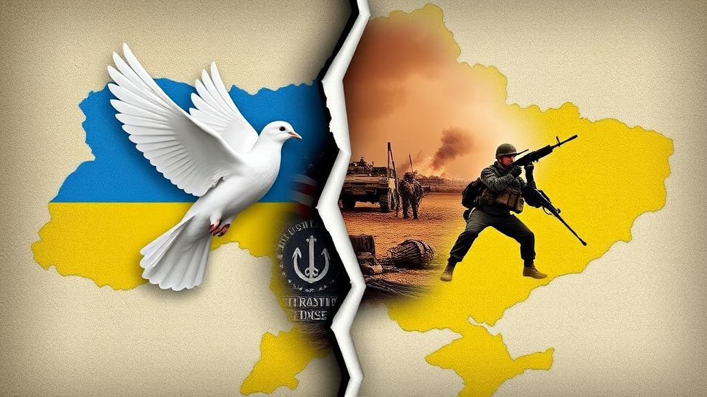 A metaphorical image of a divided map of Ukraine, with a dove of peace on one side and military conflict on the other, representing the controversial 'land for peace' proposal.