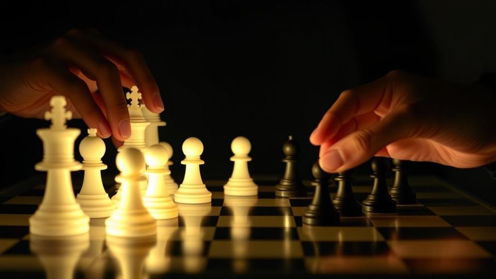 An abstract representation of 'shadow diplomacy.' A chessboard is shown with glowing pieces representing the United States and Russia. Unseen hands are moving the pieces, symbolizing the unofficial and strategic negotiations happening outside of traditional government channels.