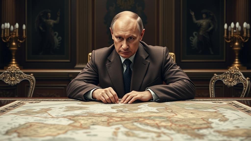 Vladimir Putin portrayed as a master strategist. He sits at a grand table, observing a complex map or a game board. The image should convey a sense of calculation and geopolitical maneuvering, as he weighs the benefits of engaging in unofficial talks.