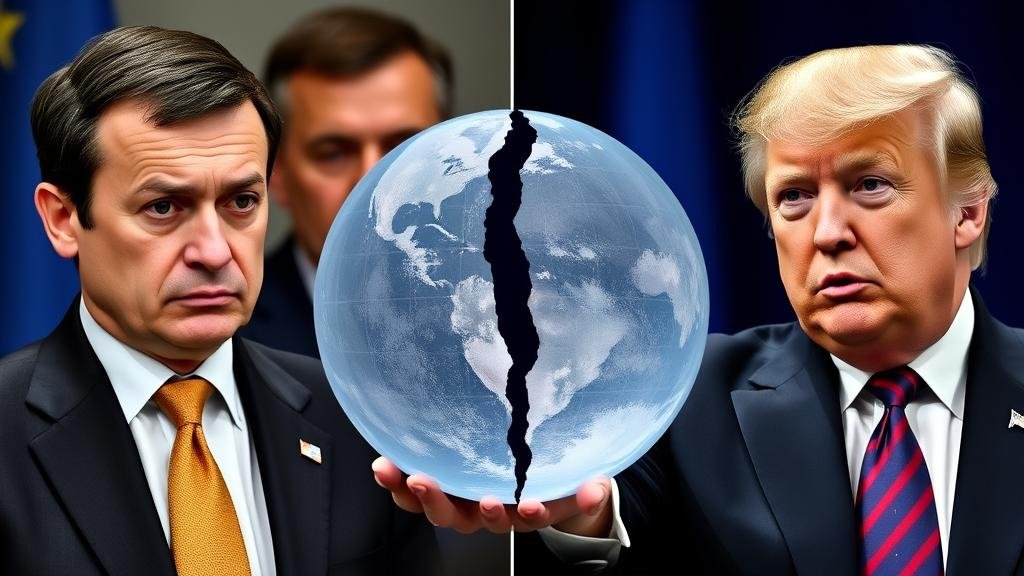 A split image showing the global reaction. On one side, a concerned President Zelenskyy and anxious European leaders. On the other, a confident Donald Trump. Between them, a fractured globe or a murky crystal ball, representing the uncertainty and potential for a divided Western alliance.