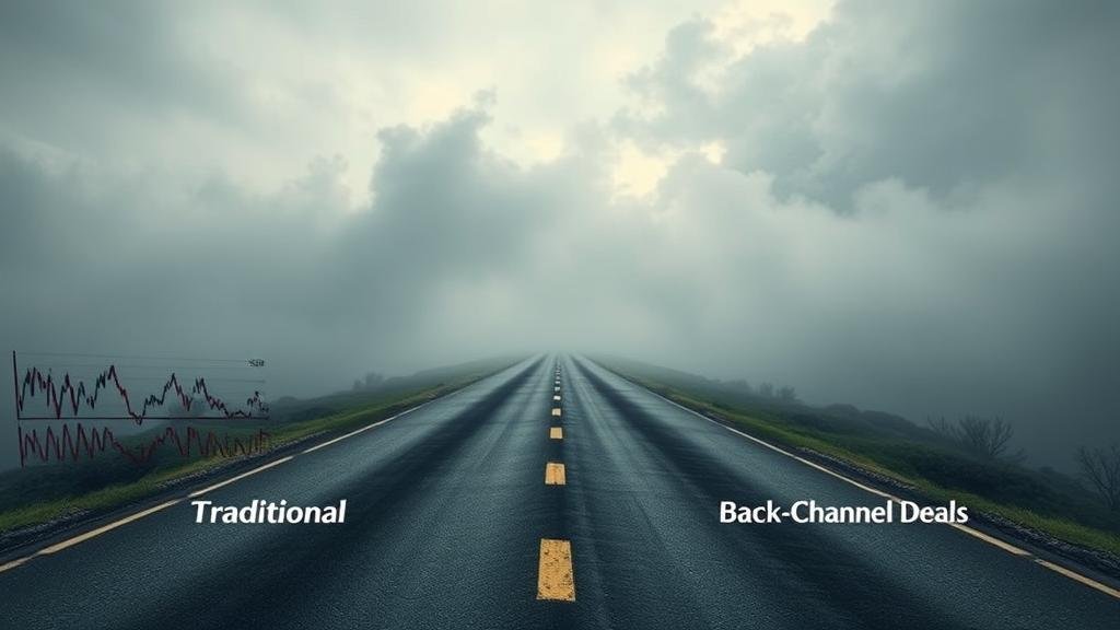 diplomacy-crossroads.jpg An image of a branching road leading into a foggy, uncertain future. One path is labeled 'Traditional Diplomacy' and is straight but fading. Another path, labeled 'Back-Channel Deals,' is winding and risky but more prominent.