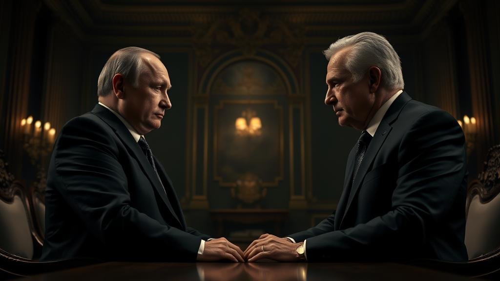 putin-witkoff-moscow-meeting.jpg A dramatic, cinematic-style image of two powerful men, one resembling Vladimir Putin and the other a Western real estate tycoon, engaged in a tense, five-hour meeting in a grand, shadowy Kremlin room.
