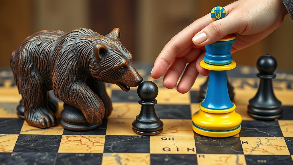 geopolitical-chessboard-ukraine.jpg A geopolitical chessboard representing the war in Ukraine. One side has a Russian bear chess piece, looking worn but still powerful. The other side has a Ukrainian flag-themed piece. A hand representing a new, unexpected player enters the board, moving a piece in an unconventional way.