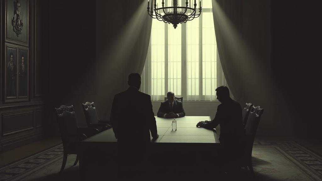 A dramatic, shadowy image of three silhouetted figures in a grand, Kremlin-style room. One figure sits at a long table, while the other two are guests. The mood is one of secrecy and high-stakes negotiation.