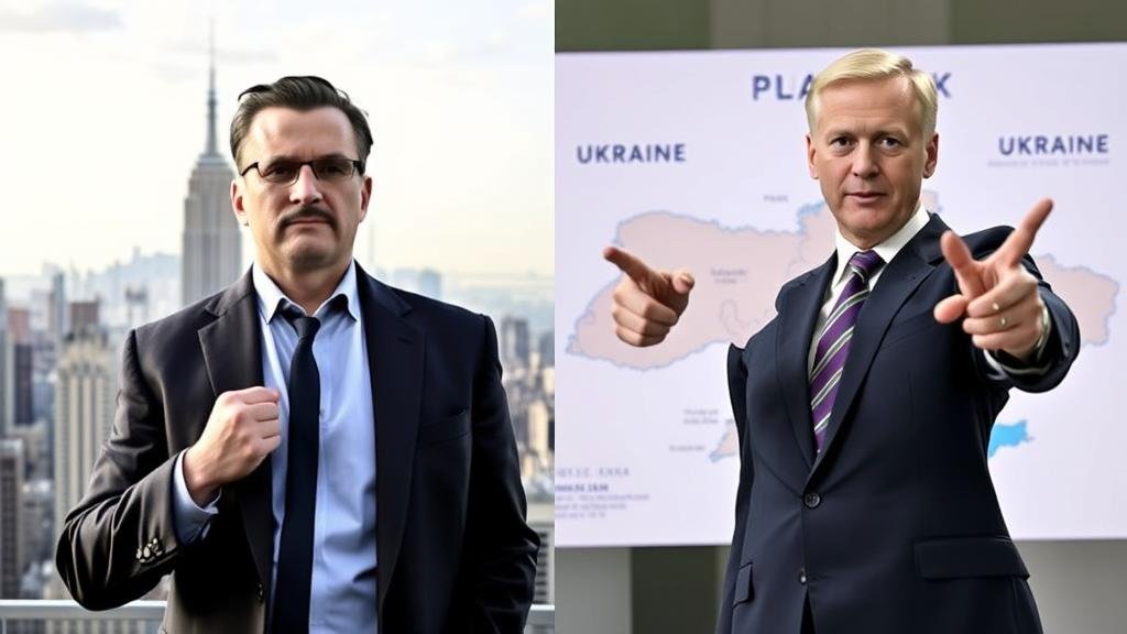 A split-screen image. On the left, a determined real estate developer stands against a backdrop of the New York City skyline. On the right, a confident politician points to a map of Ukraine, illustrating a bold, unconventional plan.