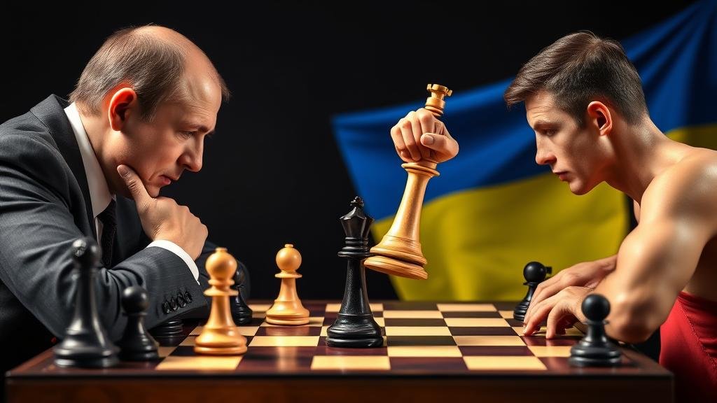 A tense chess match between two players. One player, representing Russia, is calculating and poised. The other player, representing Ukraine, is resolute and holds a powerful piece, refusing to be sacrificed. The chessboard is decorated with the flags of both nations.