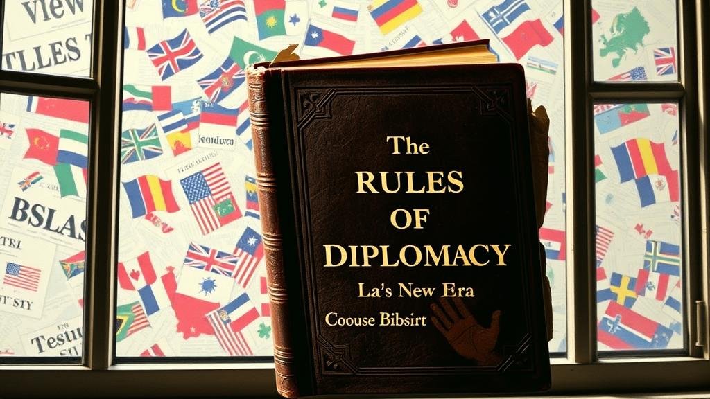 An old, leather-bound rulebook titled 'The Rules of Diplomacy' being thrown out of a window. Outside the window is a chaotic, swirling collage of world flags, maps, and headlines, representing the new era of unpredictable geopolitics.