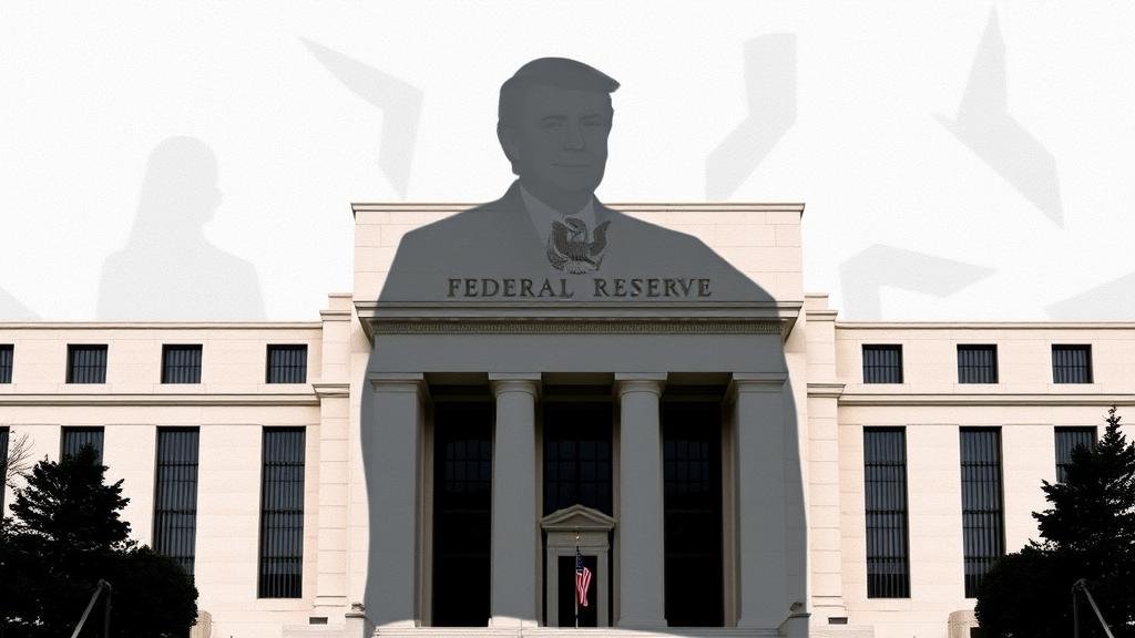 A visual representation of the Federal Reserve building with a shadow of a political figure looming over it, symbolizing the threat of political pressure on the nation's financial stability.