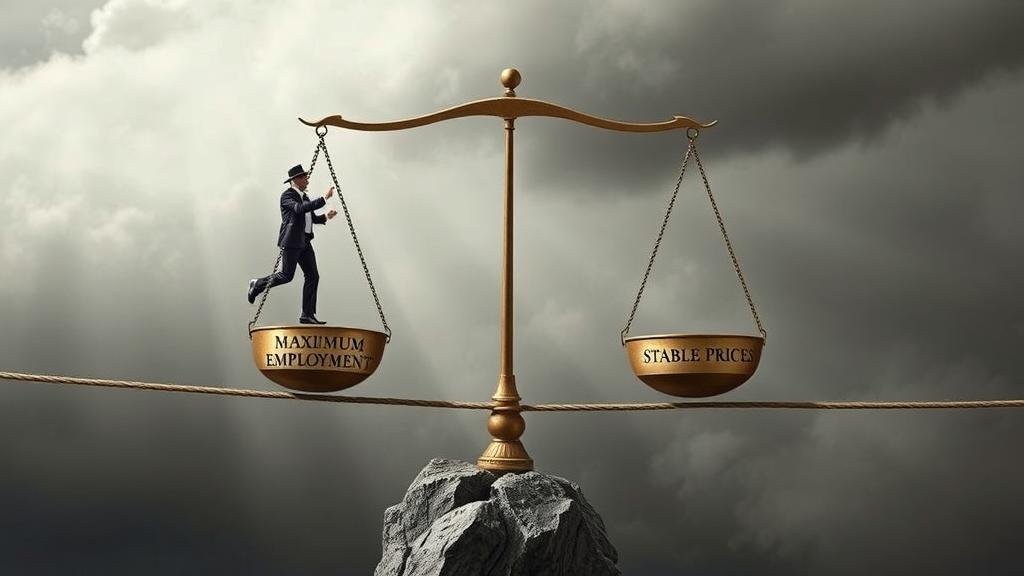 An allegorical image of a tightrope walker balancing a scale with 'Maximum Employment' on one side and 'Stable Prices' on the other, representing the Federal Reserve's dual mandate and the delicate nature of its decisions.