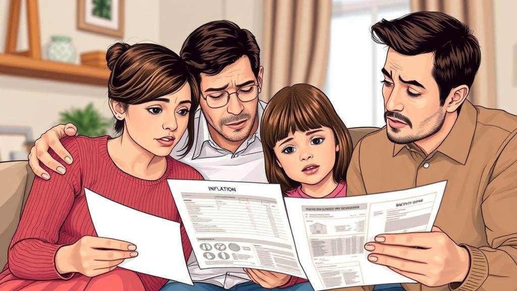 A relatable scene of a family looking at their financial documents (like a mortgage application or a savings statement) with concern, as the value of their money and their financial future is being threatened by inflation.