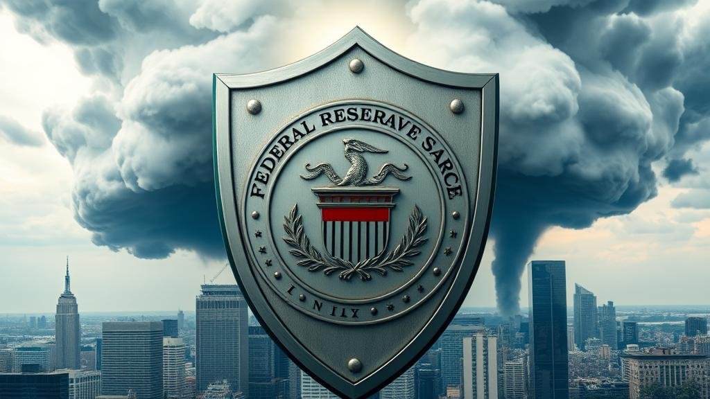 A large, strong shield with the Federal Reserve seal on it, protecting a vibrant city skyline from a storm labeled 'Inflation.'