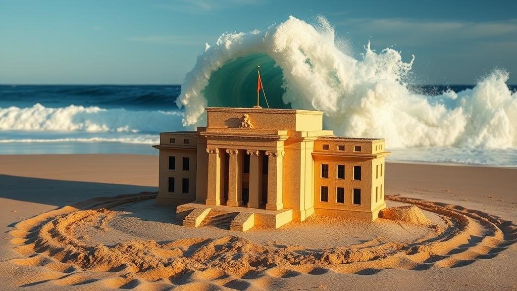 A sandcastle replica of the Federal Reserve building on a beach, with a large wave looming over it, symbolizing the threat to its independence.