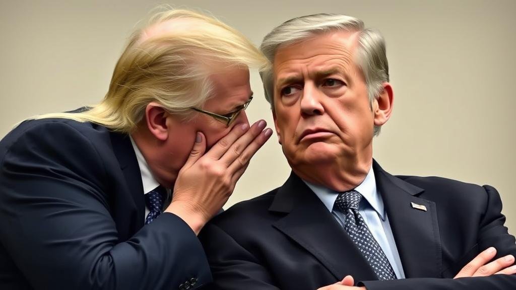 A powerful political figure whispering into the ear of a concerned-looking Federal Reserve chairman, representing political pressure on monetary policy.