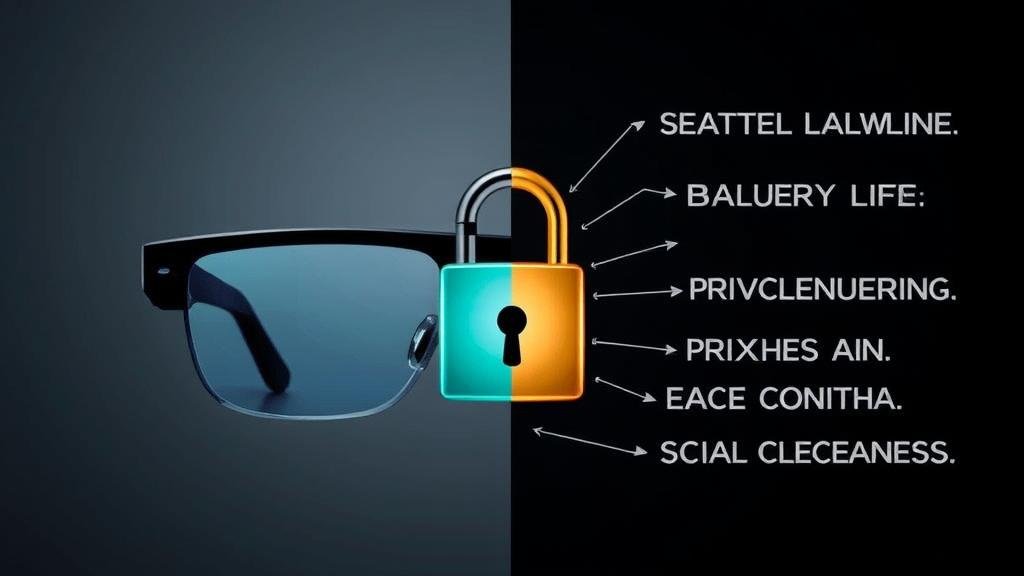 A split image showing the sleek design of smart glasses on one side, and on the other, the complex challenges of battery life, privacy concerns (represented by a lock), and social acceptance.
