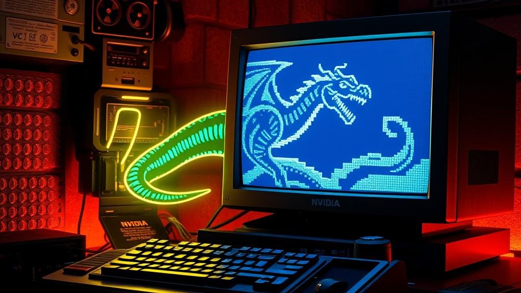 A retro-style image of a 90s computer setup with a glowing GPU inside, displaying a pixelated dragon on the screen, symbolizing Nvidia's origin in gaming graphics.