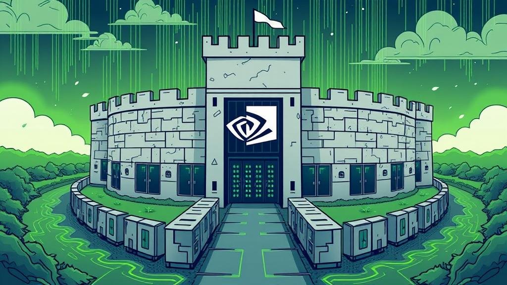 An illustration of a fortress-like data center with the Nvidia logo, surrounded by a wide moat, to represent their market dominance.