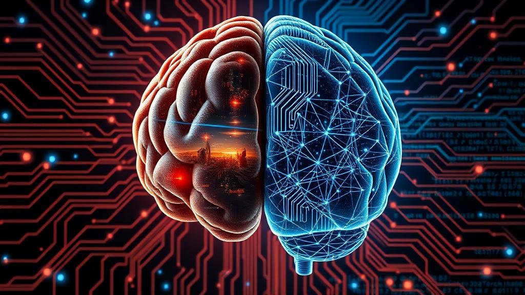 A visual metaphor of a brain made of circuits, with one half showing a video game scene and the other half showing complex data patterns, representing the pivot from gaming to AI.