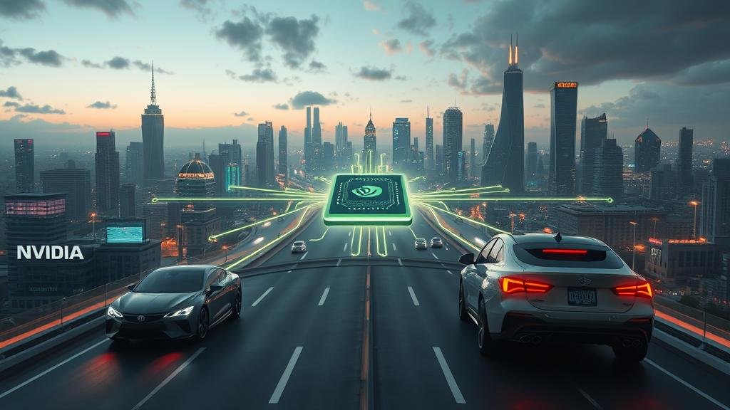 A futuristic cityscape with autonomous cars, and holographic interfaces, all connected by glowing lines leading back to a central, powerful Nvidia chip, symbolizing their role in the future of tech.