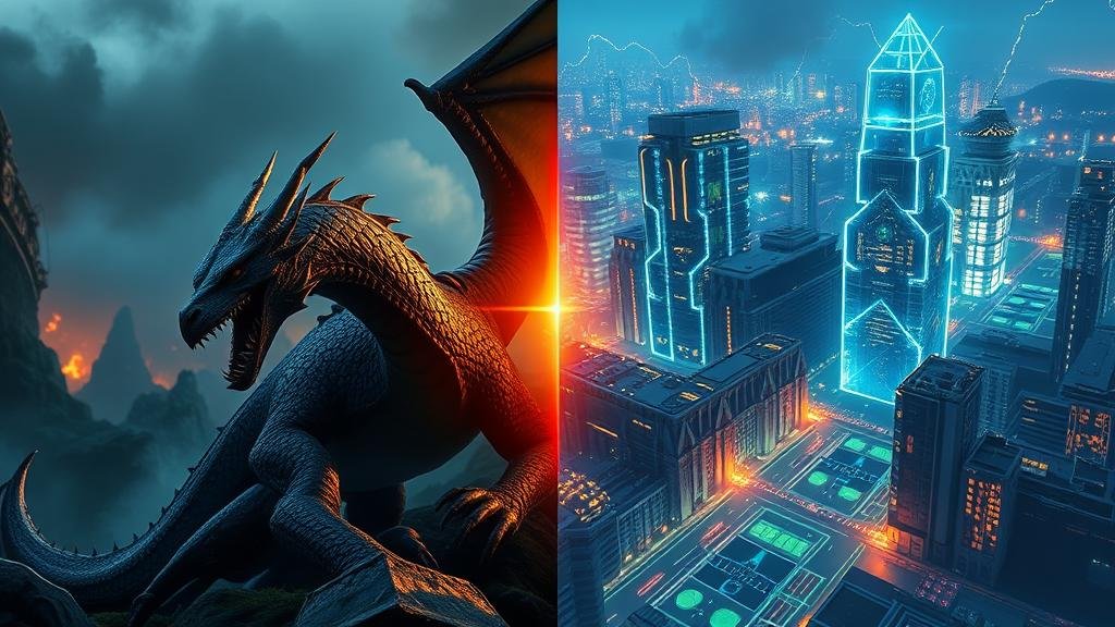 A fantasy gaming scene with a dragon transitioning into a futuristic AI cityscape with neural networks.
