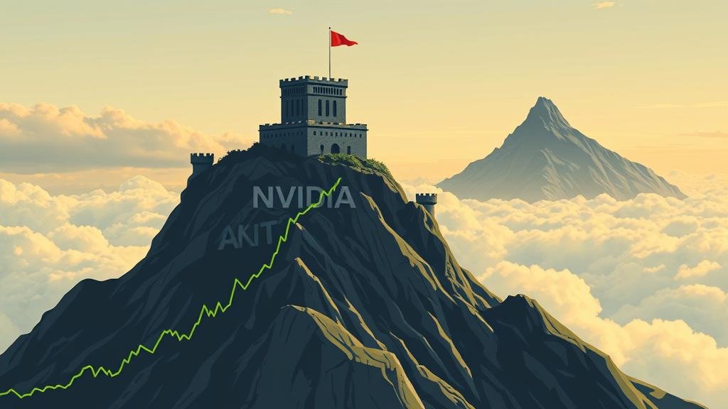 The NVIDIA logo as a fortress on a mountain with upward-trending stock charts, and a new 'Blackwell' peak emerging in the distance.