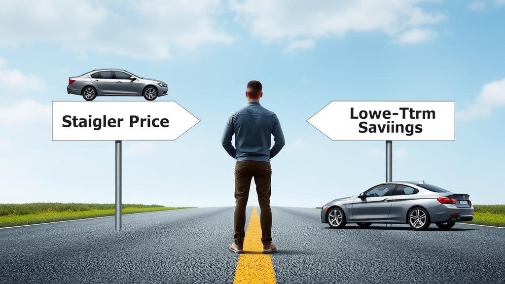A person standing at a fork in the road, with a sign pointing one way that reads 'Lower Sticker Price' and shows a basic car, and a sign pointing the other way that reads 'Long-Term Savings' and shows a sleek, fuel-efficient car.