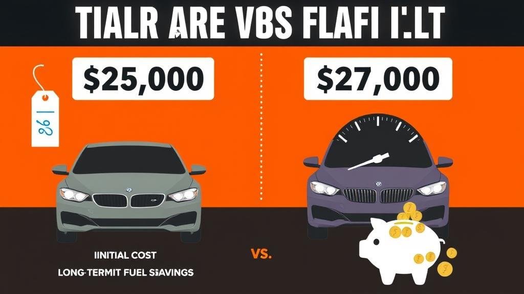 An infographic-style image showing two cars side-by-side with different price tags and fuel gauges, representing the trade-off between initial cost and long-term fuel savings.