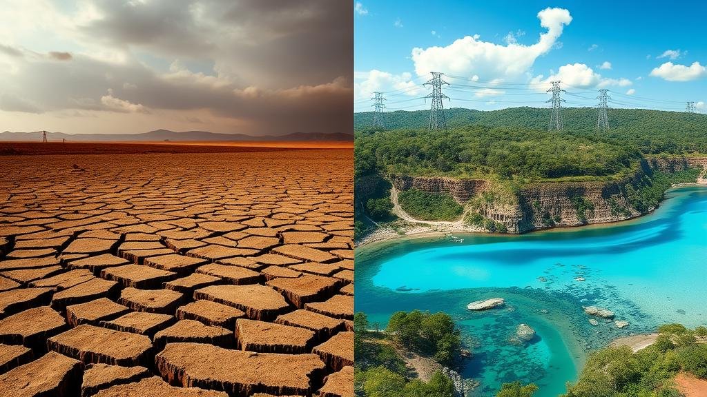 A split-screen image: on one side, a dramatic photo of a cracked, dry earth under a hazy, polluted sky; on the other, a pristine, vibrant landscape with clear blue water and lush greenery, representing the two potential environmental futures.