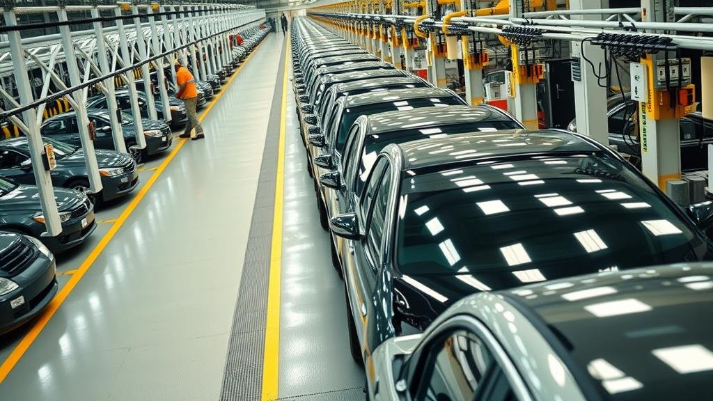 A high-angle shot of a bustling car factory, with a line of gleaming cars, symbolizing economic growth and industry prosperity.