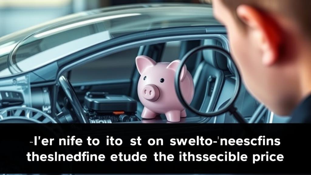 A car buyer inspects a see-through car showing a piggy bank inside, representing the total cost of ownership.