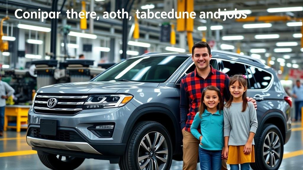 A smiling family stands next to a new SUV in front of a productive auto manufacturing plant.