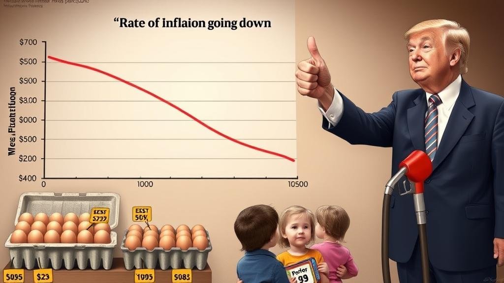 A person looking stressed while holding a grocery receipt that trails all the way to the floor. In the background, a news report on a TV screen shows a cheerful news anchor with a headline that reads: 'Inflation is Down! The Economy is Strong!'
