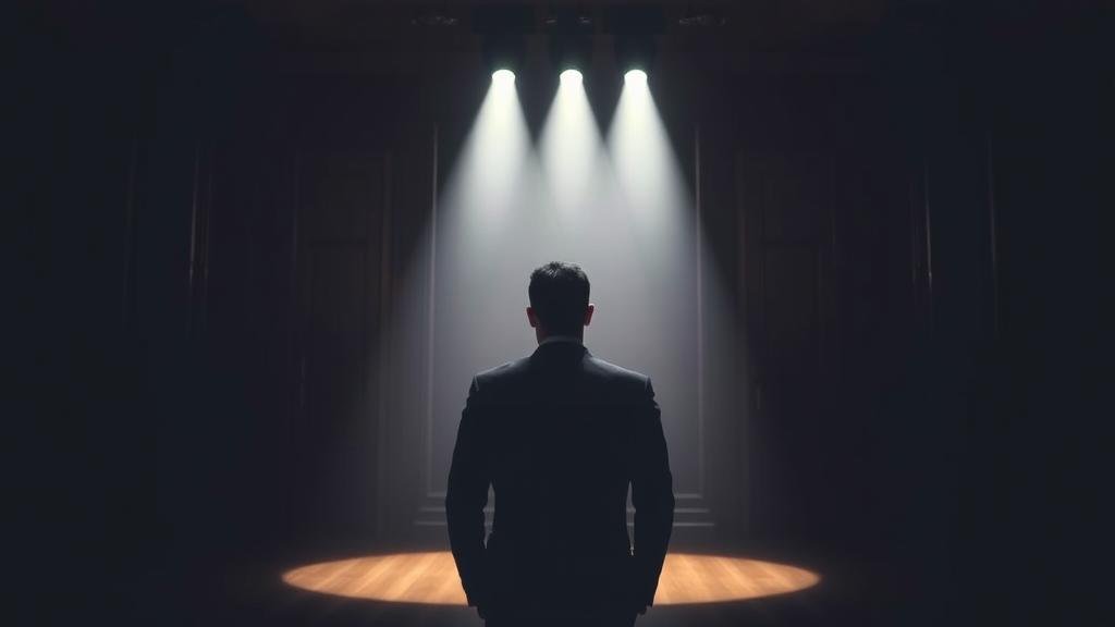 A dramatic image of a person in a suit, initially in a dimly lit room, suddenly illuminated by a bright spotlight, representing the unexpected selection of the interim chairman.