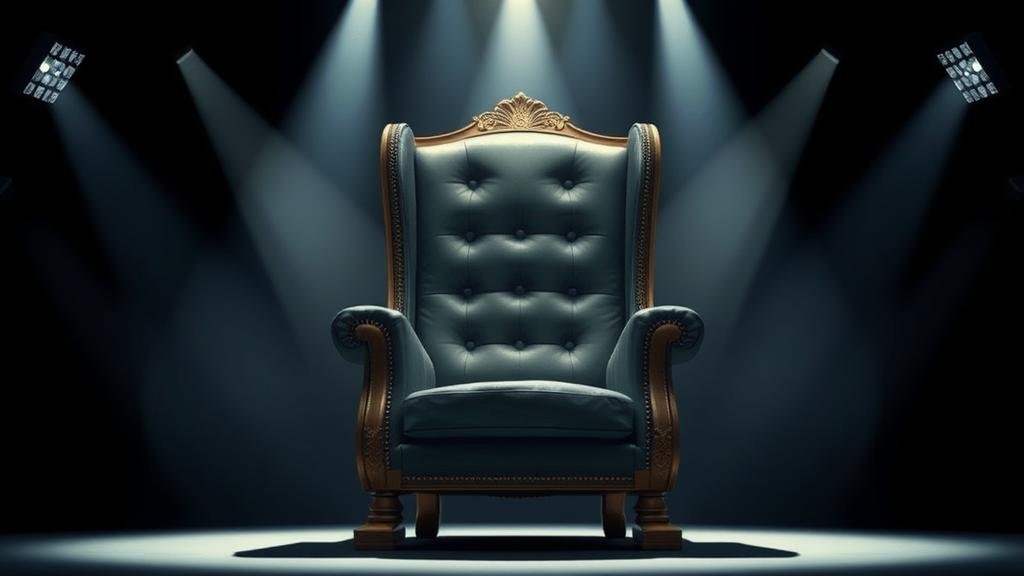 A stylized image of a giant, empty chairman's chair with a spotlight on it, symbolizing the departure of a major leader and the big shoes to fill.