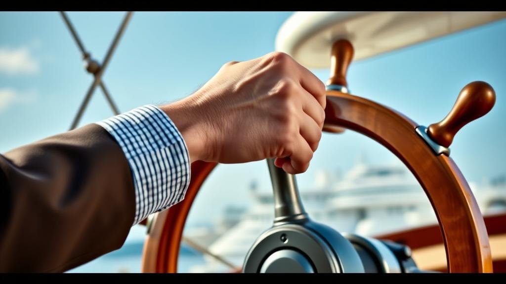 An image of a steady hand firmly guiding the wheel of a large ship, symbolizing the stability and clear direction that the new chairman is expected to bring to the company.