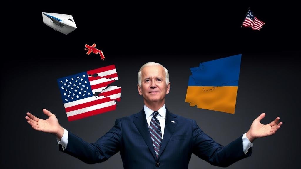 A symbolic image of President Joe Biden juggling multiple crises, including the war in Ukraine, domestic political division represented by a fractured American flag, and economic challenges.