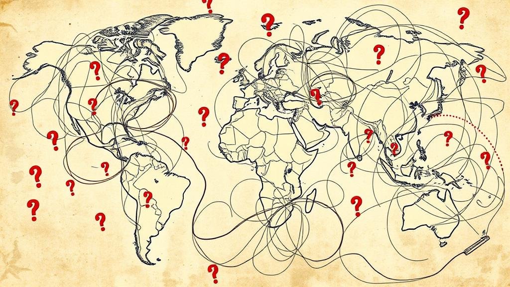 An image of a complex and chaotic world map with dozens of tangled lines and question marks, representing the confusing and messy global search for a new chairman.