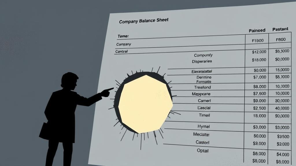 An illustration of a shadowy figure pointing to a hole in a company's balance sheet, representing the alleged disappearance of $2.3 billion.